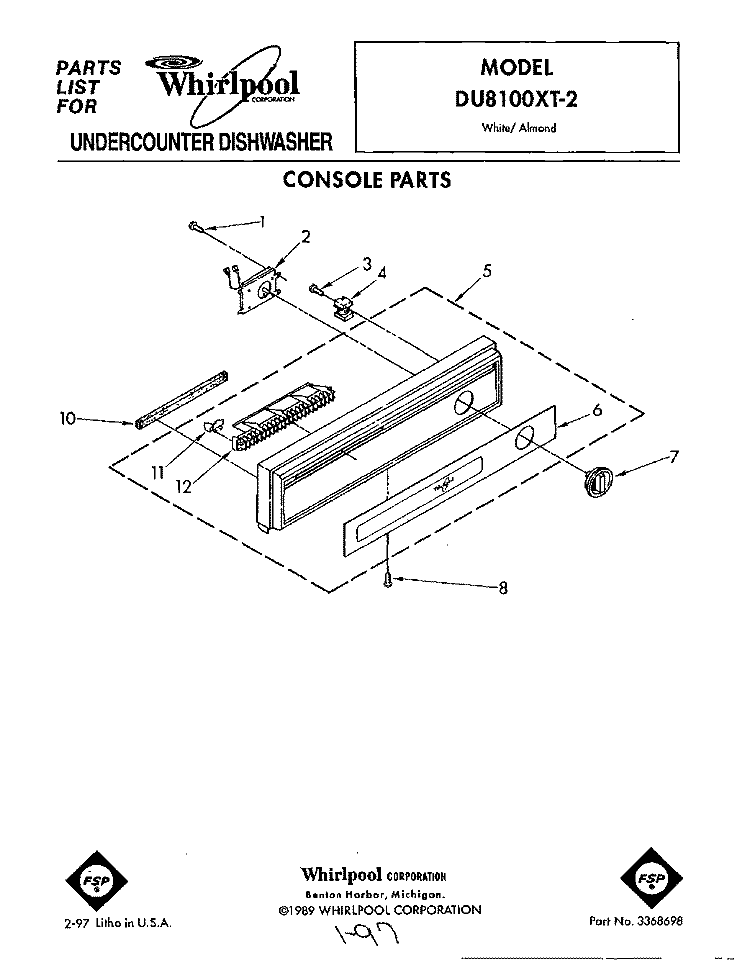 CONSOLE Diagram and Parts List for DU8100XT2  Whirlpool Dishwasher