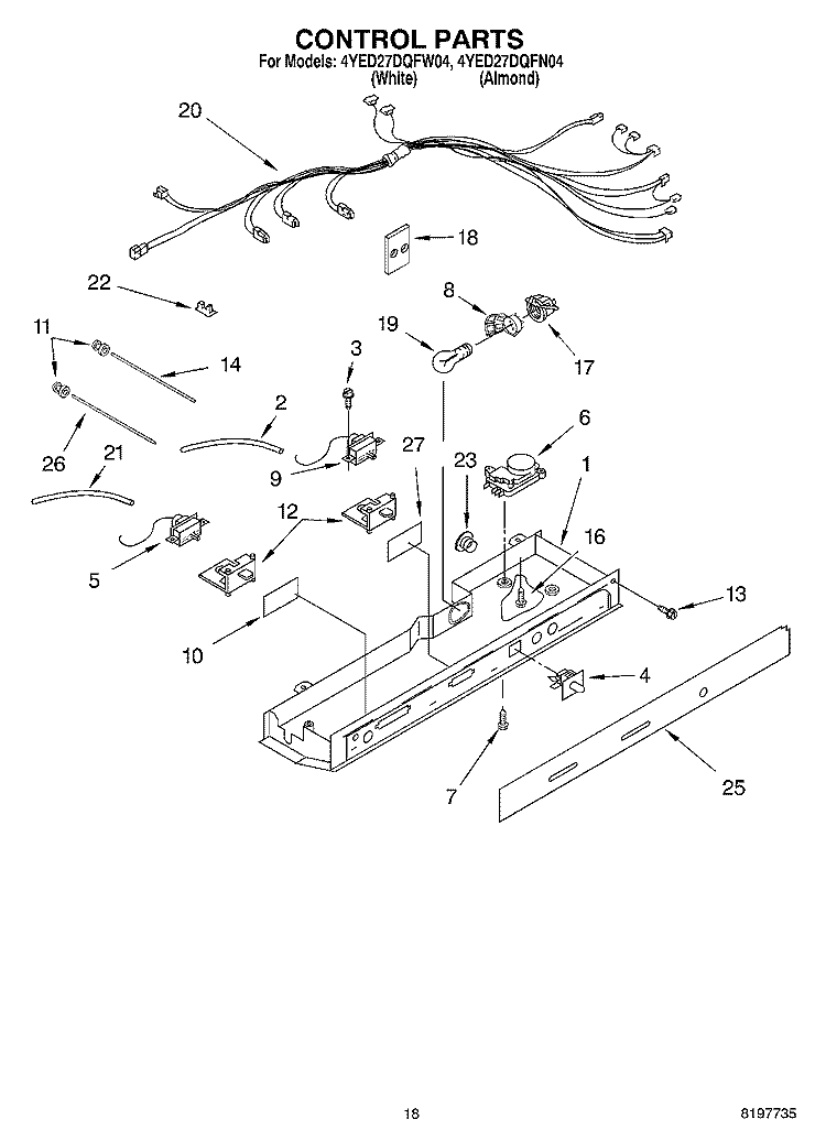CONTROL Diagram and Parts List for 4YED27DQFN04  Whirlpool Refrigerator