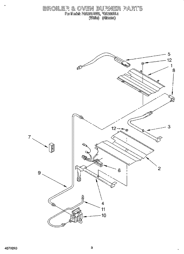 BROILER AND OVEN BURNER Diagram and Parts List for FGS385BL5  Roper Range
