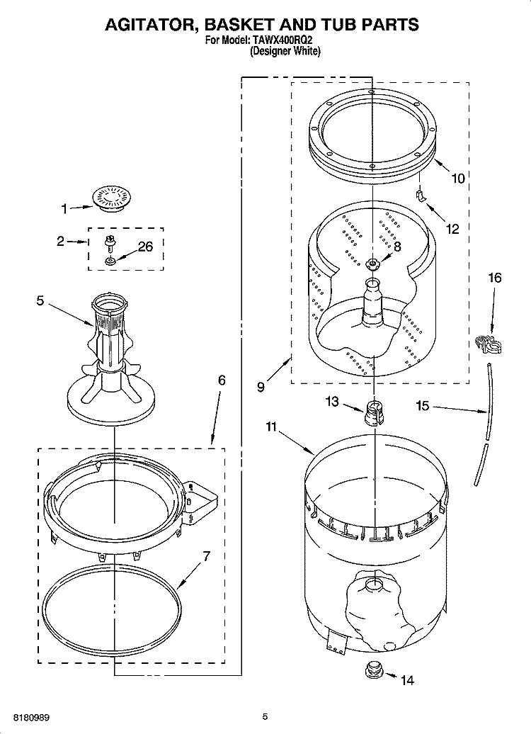 AGITATOR, BASKET AND TUB PARTS Diagram and Parts List for TAWX400RQ2  Estate Washer