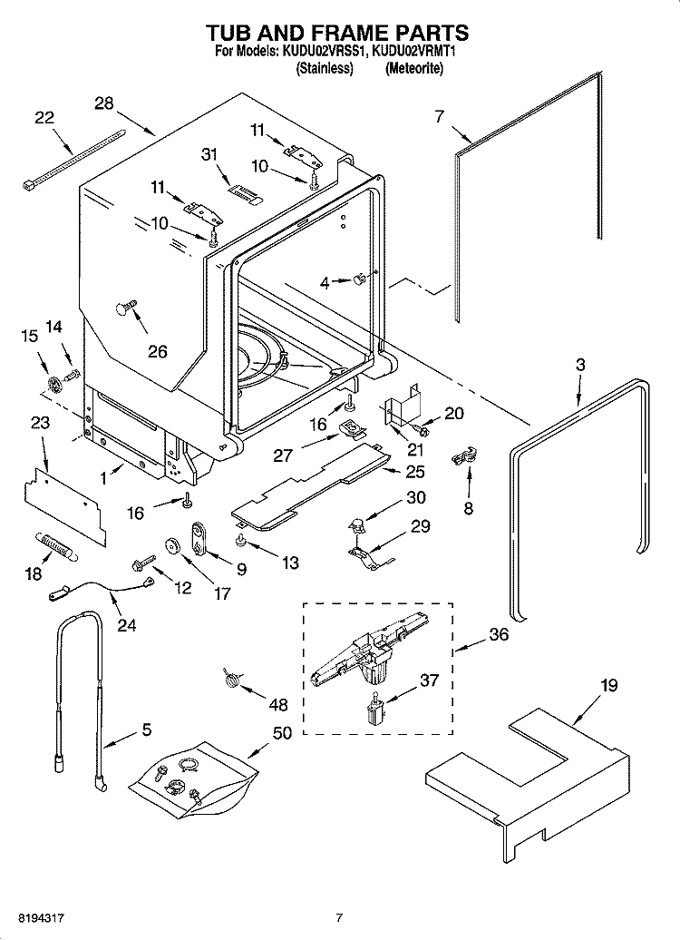 TUB AND FRAME PARTS Diagram and Parts List for KUDU02VRSS1  KitchenAid Dishwasher