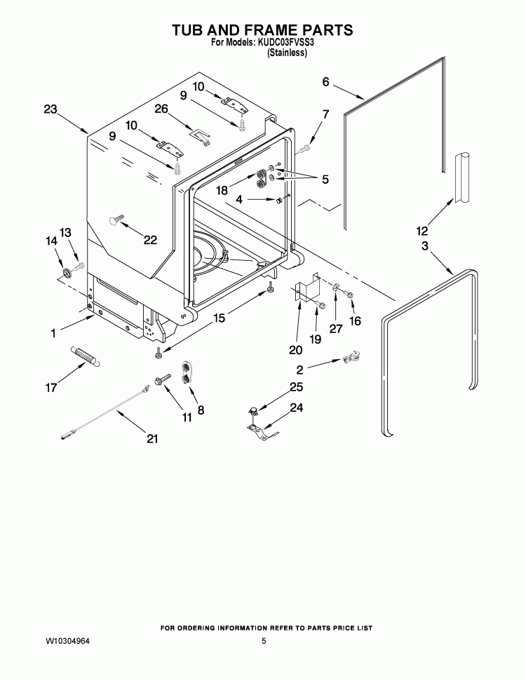 TUB AND FRAME PARTS Diagram and Parts List for KUDC03FVSS3  KitchenAid Dishwasher