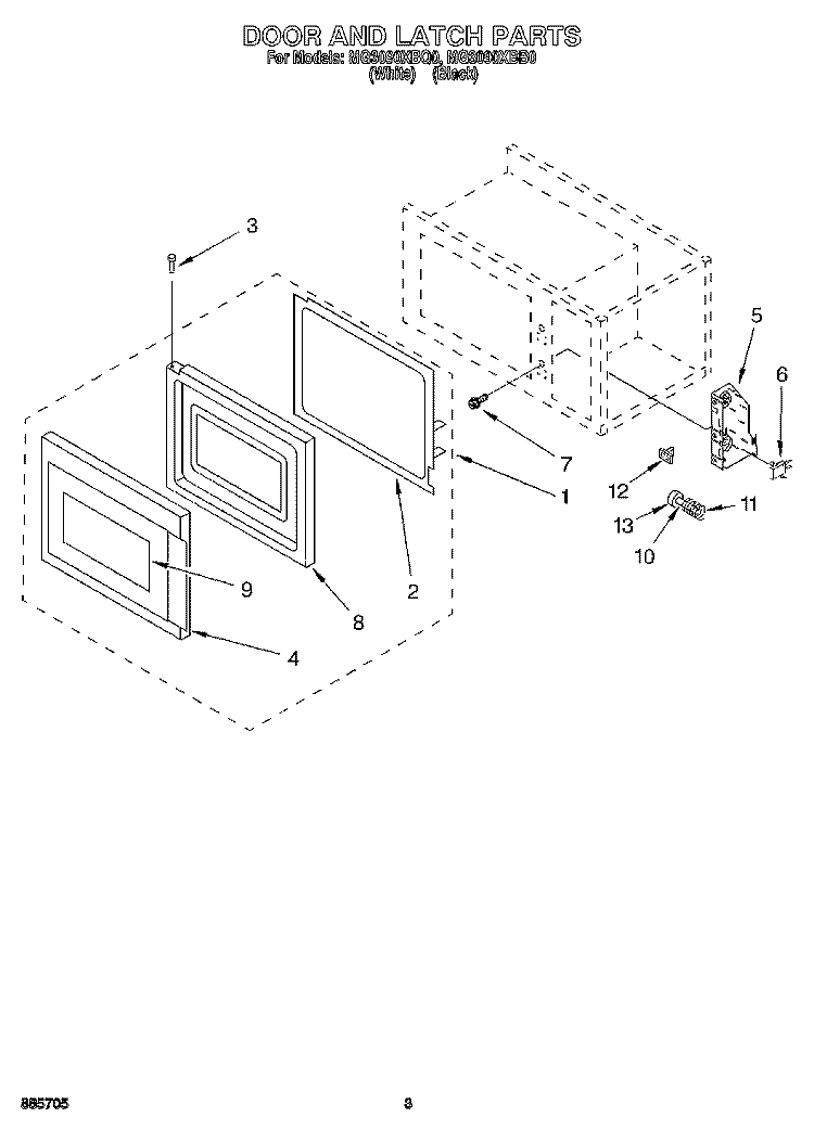 DOOR AND LATCH Diagram and Parts List for MG3090XBB0  Whirlpool Microwave