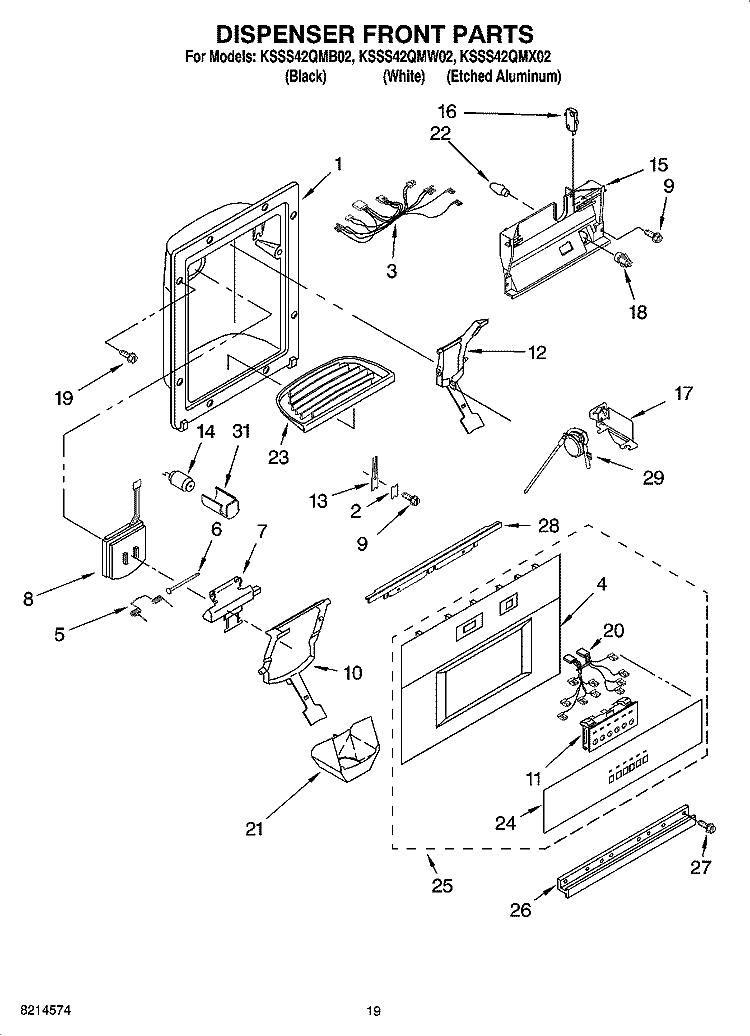 DISPENSER AND FRONT PARTS Diagram and Parts List for KSSS42QMB02  KitchenAid Refrigerator