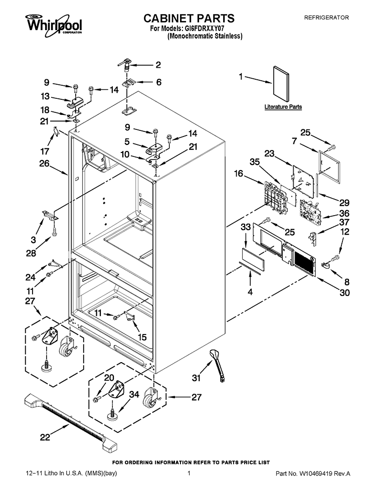 CABINET PARTS Diagram and Parts List for GI6FDRXXY07  Whirlpool Refrigerator