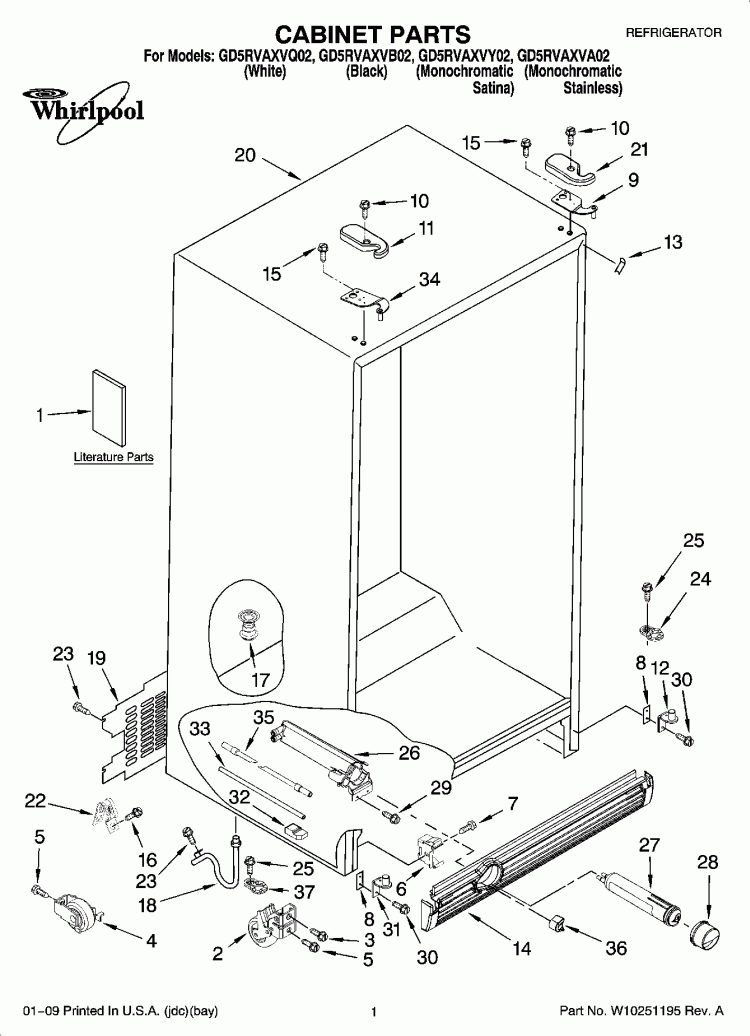 CABINET PARTS Diagram and Parts List for GD5RVAXVB02  Whirlpool Refrigerator