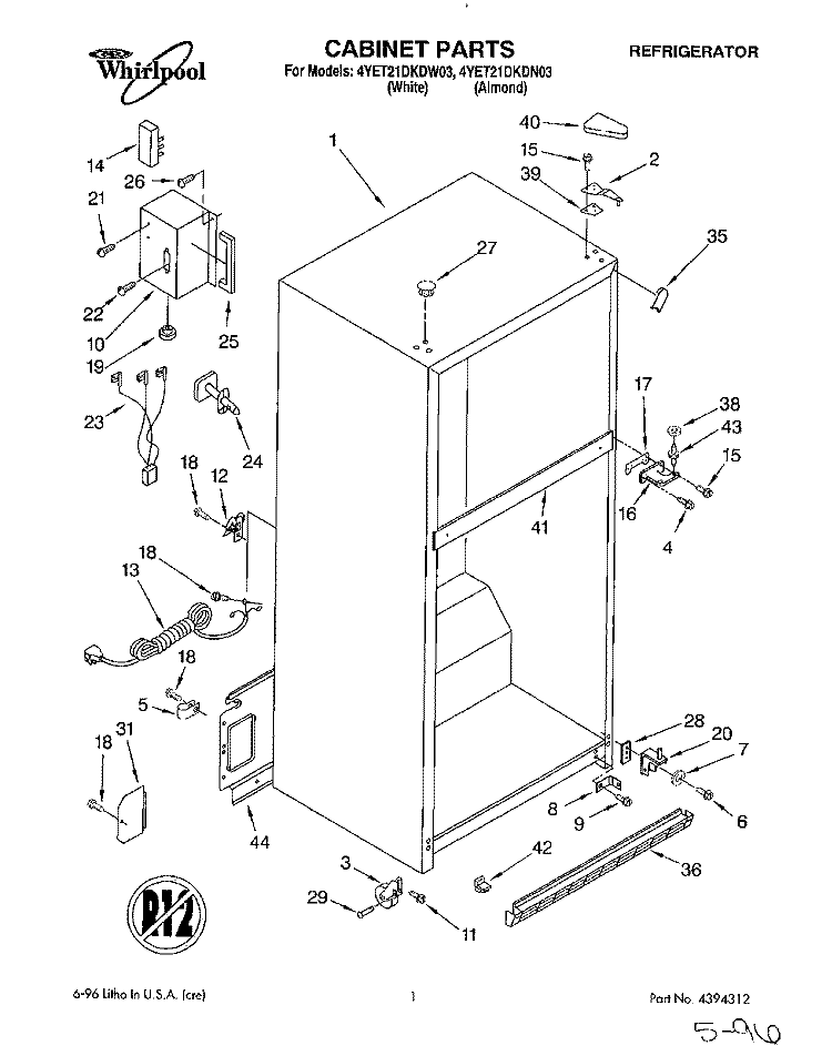 CABINET Diagram and Parts List for 4YET21DKDN03  Whirlpool Refrigerator