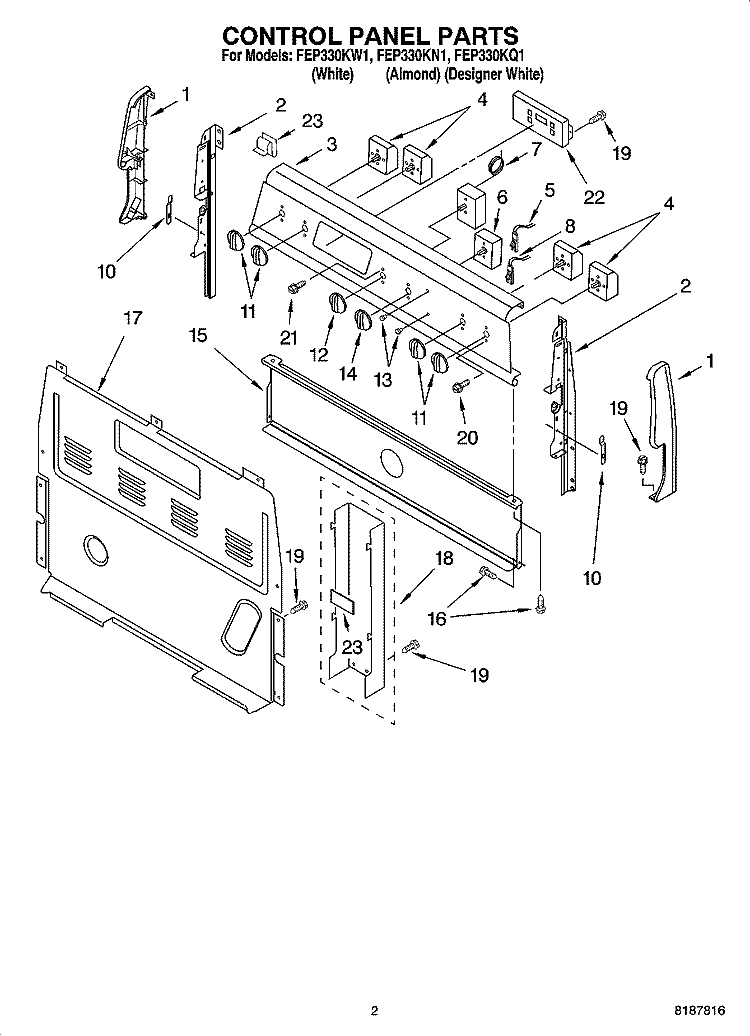 CONTROL PANEL PARTS Diagram and Parts List for FEP330KW1  Roper Range