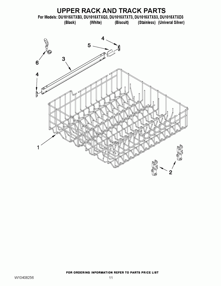 UPPER RACK AND TRACK PARTS Diagram and Parts List for DU1015XTXQ3  Whirlpool Dishwasher