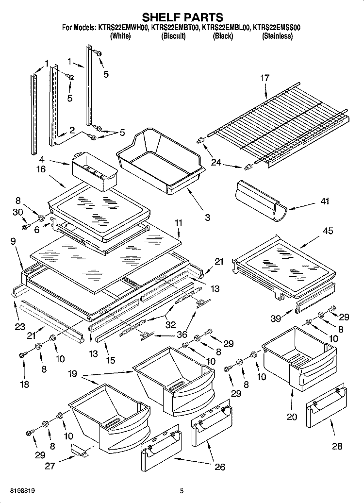 SHELF PARTS Diagram and Parts List for KTRS22EMSS00  KitchenAid Refrigerator