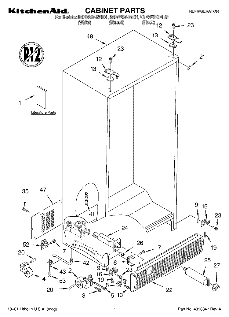 CABINET, LITERATURE Diagram and Parts List for KSBS25FJBT01  KitchenAid Refrigerator