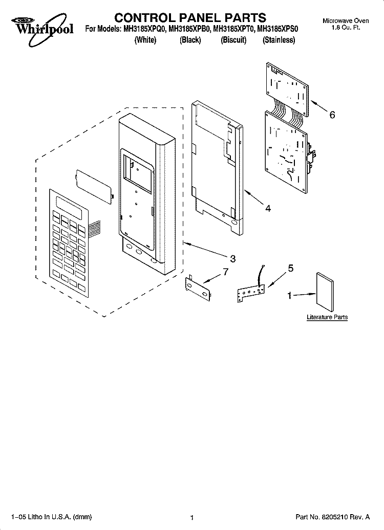 CONTROL PANEL PARTS Diagram and Parts List for MH3185XPT0  Whirlpool Microwave