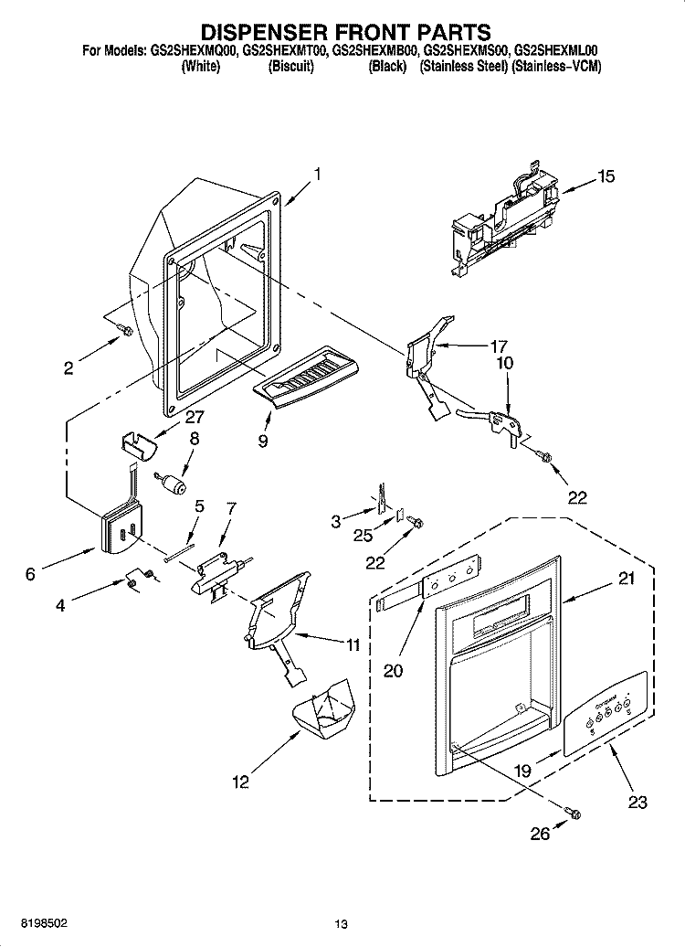 DISPENSER FRONT PARTS Diagram and Parts List for GS2SHEXML00  Whirlpool Refrigerator