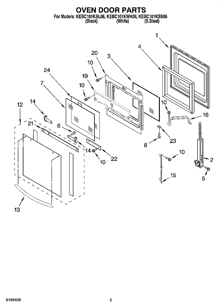 OVEN DOOR PARTS Diagram and Parts List for KEBC101KBL06  KitchenAid Wall Oven
