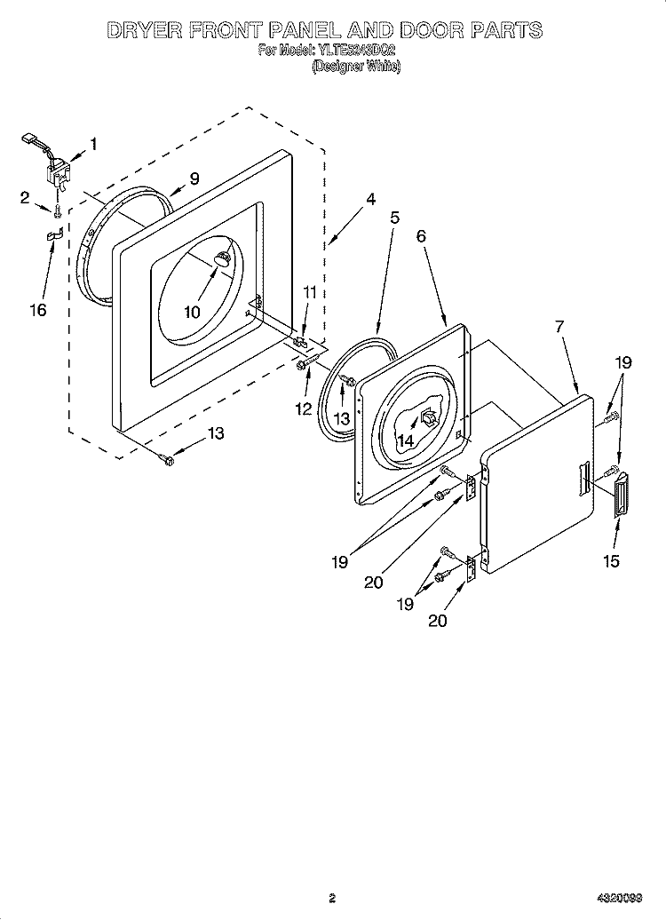 DRYER FRONT PANEL AND DOOR PARTS Diagram and Parts List for YLTE5243DQ2  Whirlpool Washer Dryer Combo