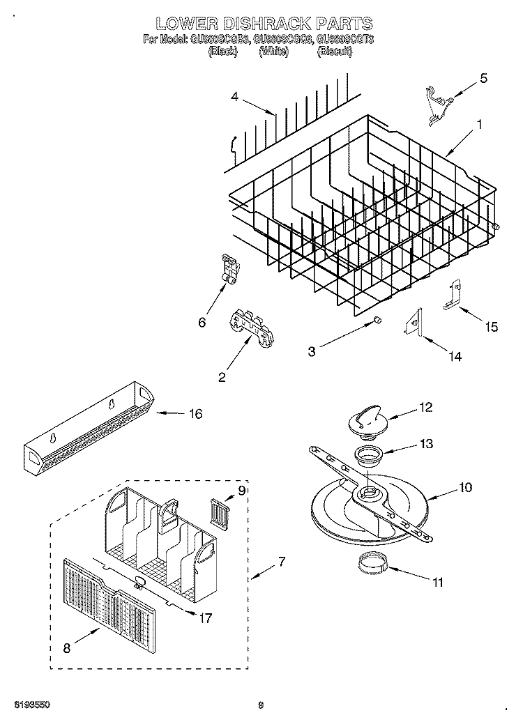 DISHRACK Diagram and Parts List for GU980SCGQ3  Whirlpool Dishwasher