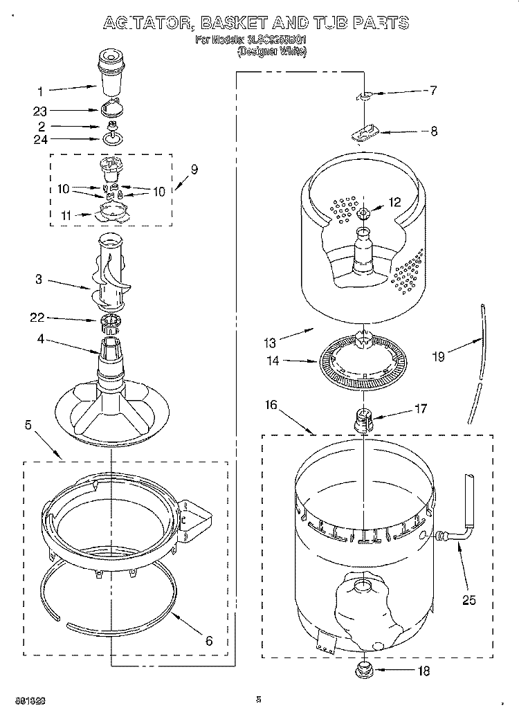 AGITATOR, BASKET AND TUB Diagram and Parts List for 3LSC9255BQ1  Whirlpool Washer