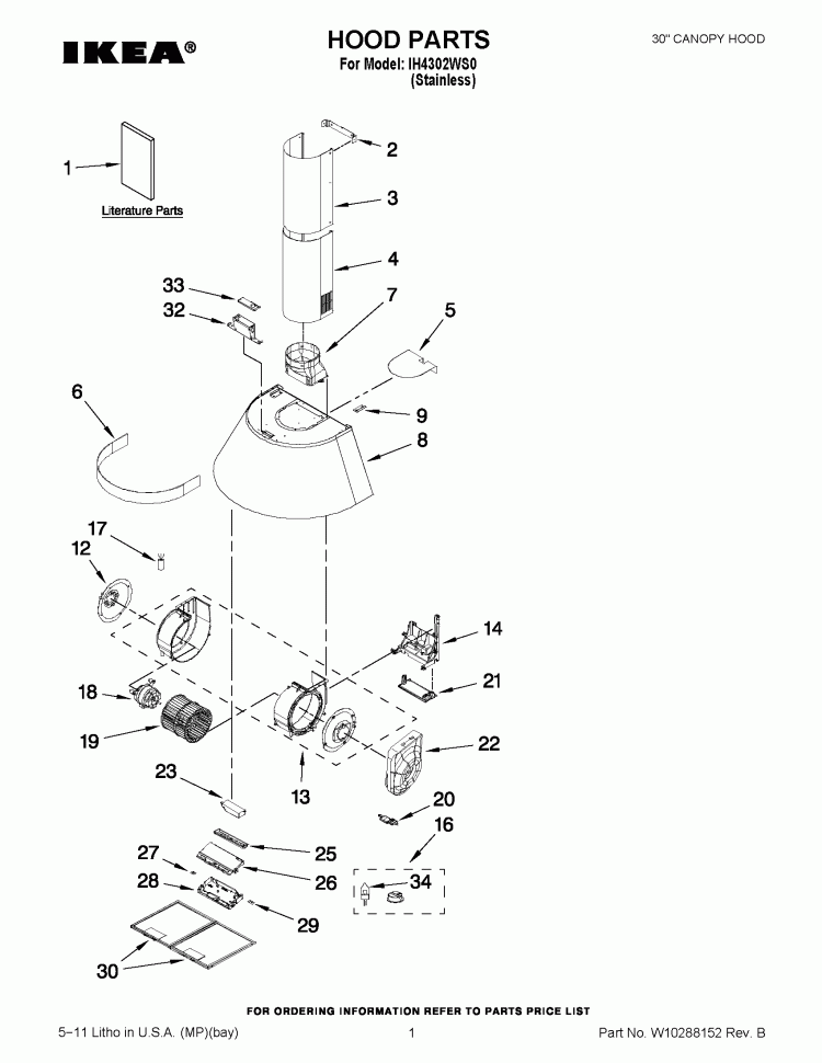 HOOD PARTS Diagram and Parts List for IH4302WS0  Whirlpool Range Hood