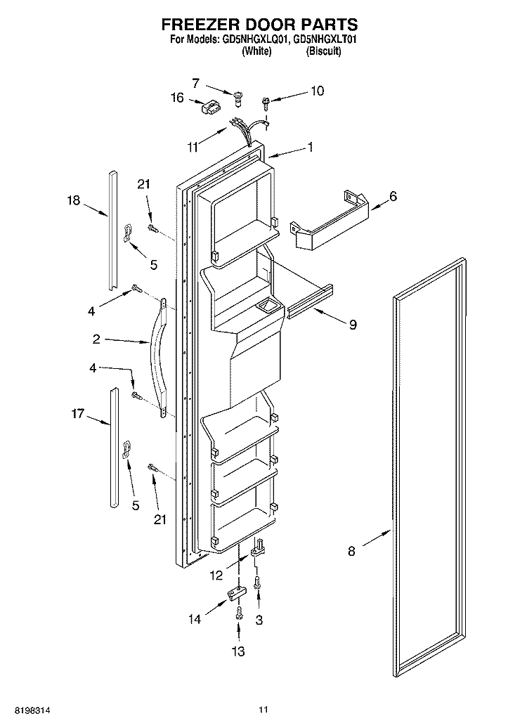 FREEZER DOOR Diagram and Parts List for GD5NHGXLQ01  Whirlpool Refrigerator