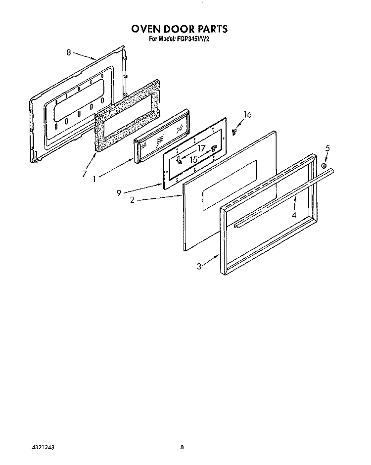 OVEN DOOR, LITERATURE Diagram and Parts List for FGP345VW2  Roper Range