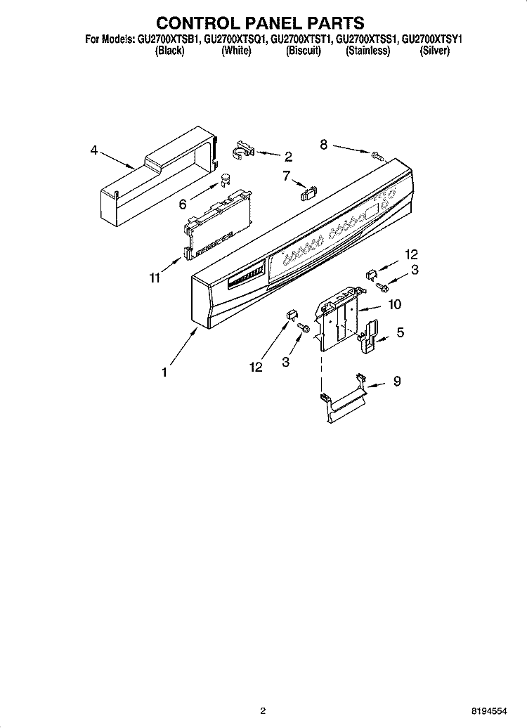 CONTROL PANEL PARTS Diagram and Parts List for GU2700XTSQ1  Whirlpool Dishwasher