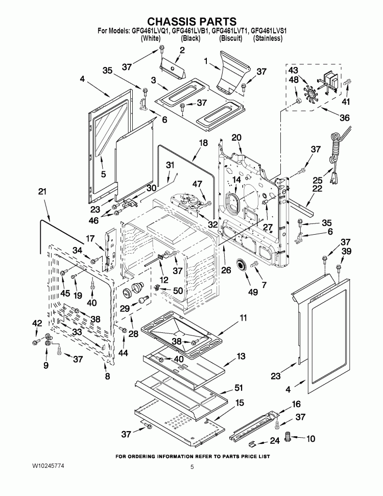 CHASSIS PARTS Diagram and Parts List for GFG461LVT1  Whirlpool Range