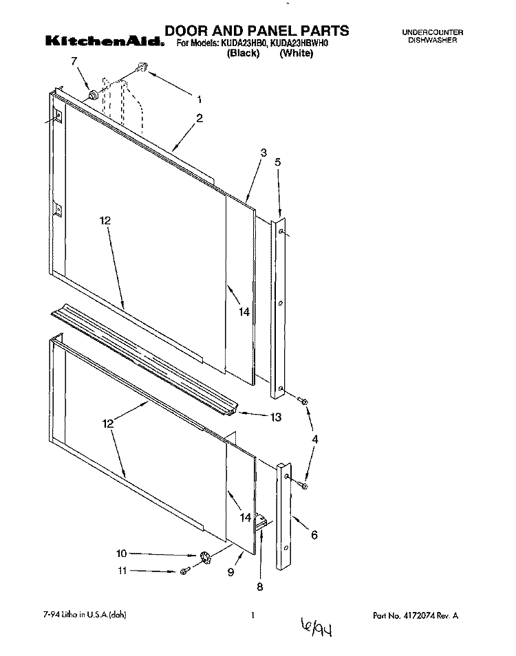 DOOR AND PANEL Diagram and Parts List for KUDA23HB0  KitchenAid Dishwasher