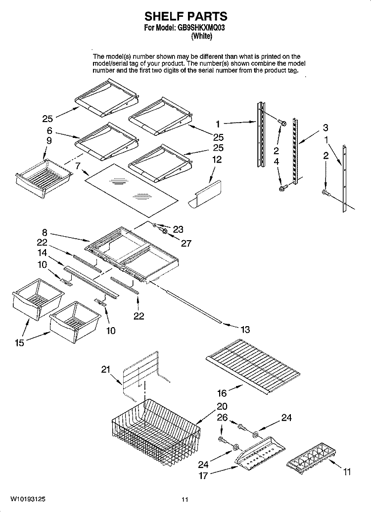 SHELF PARTS Diagram and Parts List for GB9SHKXMQ03  Whirlpool Refrigerator