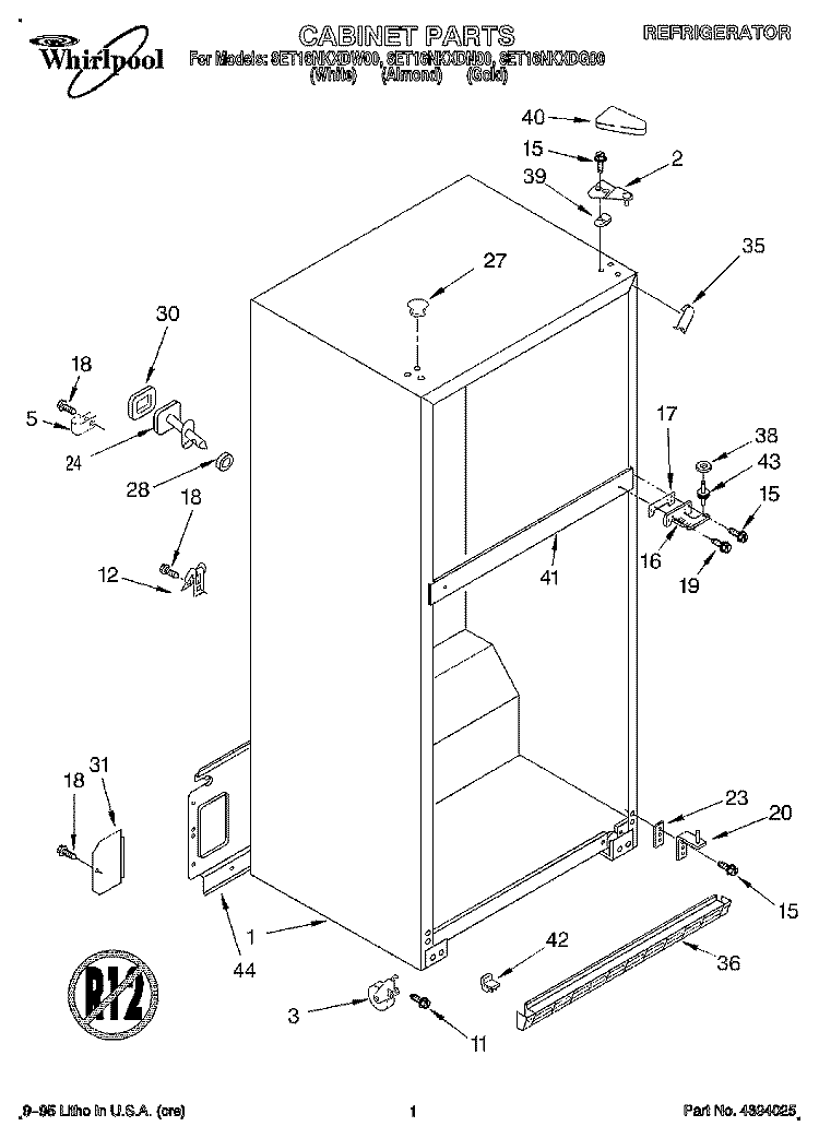 CABINET Diagram and Parts List for 8ET16NKXDN00  Whirlpool Refrigerator