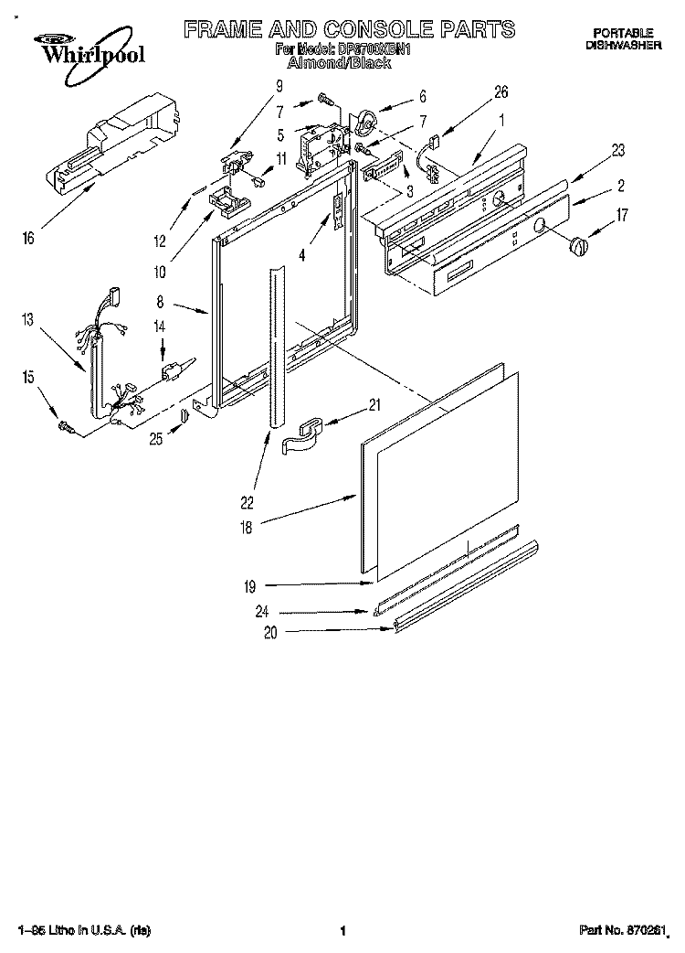 FRAME AND CONSOLE Diagram and Parts List for DP8700XBN1  Whirlpool Dishwasher