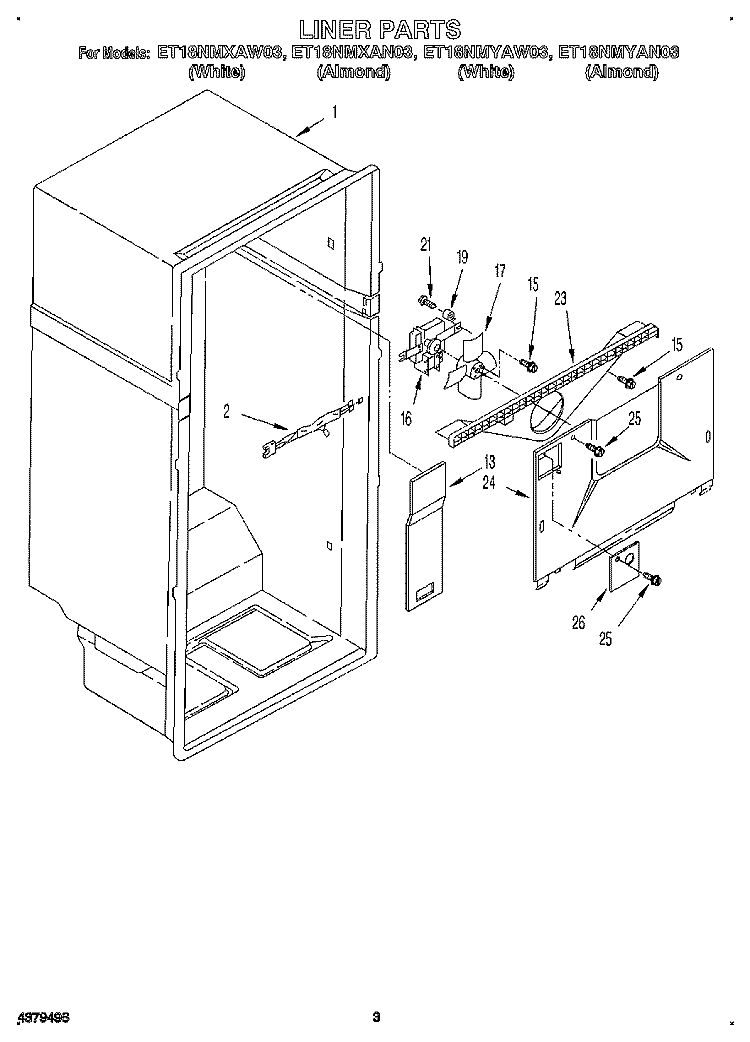 LINER Diagram and Parts List for ET18NMYAN03  Whirlpool Refrigerator