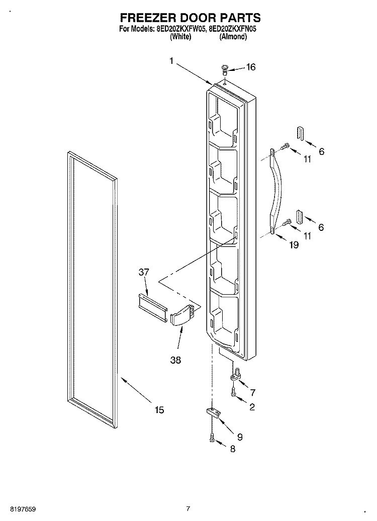 FREEZER DOOR Diagram and Parts List for 8ED20ZKXFW05  Whirlpool Refrigerator