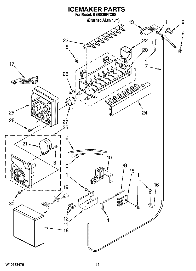 ICEMAKER PARTS Diagram and Parts List for KBRS36FTX00  KitchenAid Refrigerator