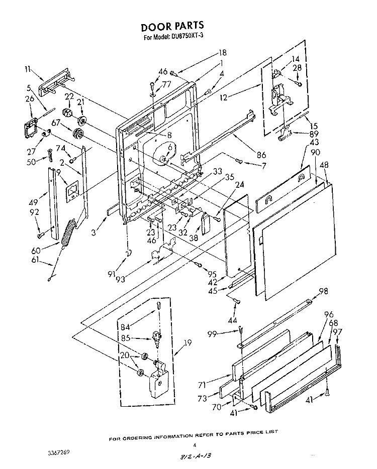 DOOR Diagram and Parts List for DU8750XT3  Whirlpool Dishwasher