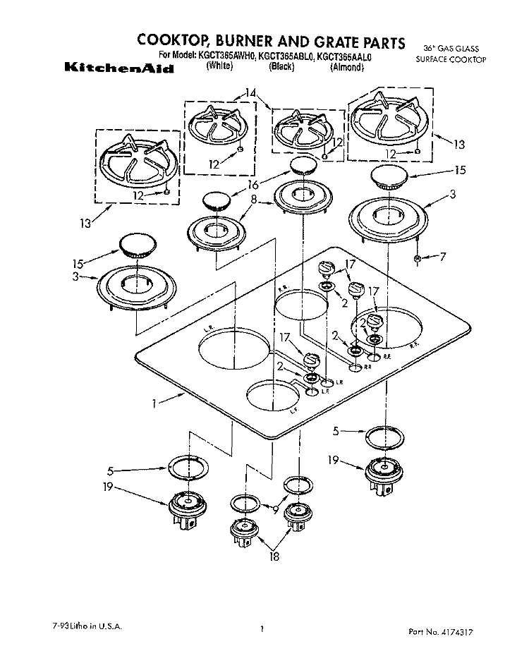 COOKTOP, BURNER AND GRATE Diagram and Parts List for KGCT365ABL0  KitchenAid Cooktop
