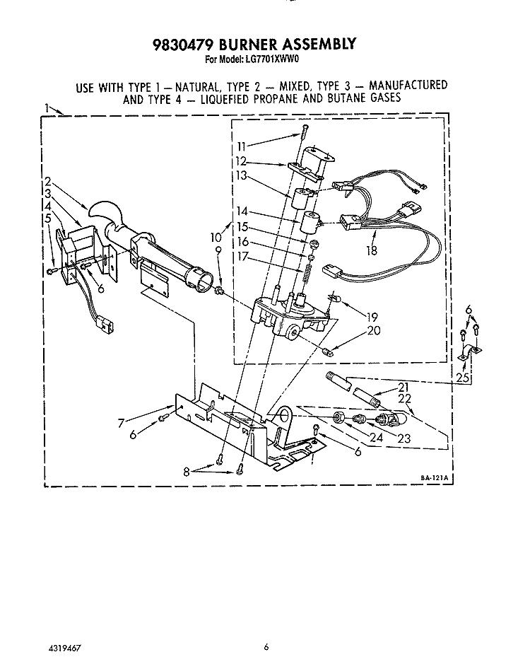 9830479 BURNER Diagram and Parts List for LG7701XWW0  Whirlpool Dryer