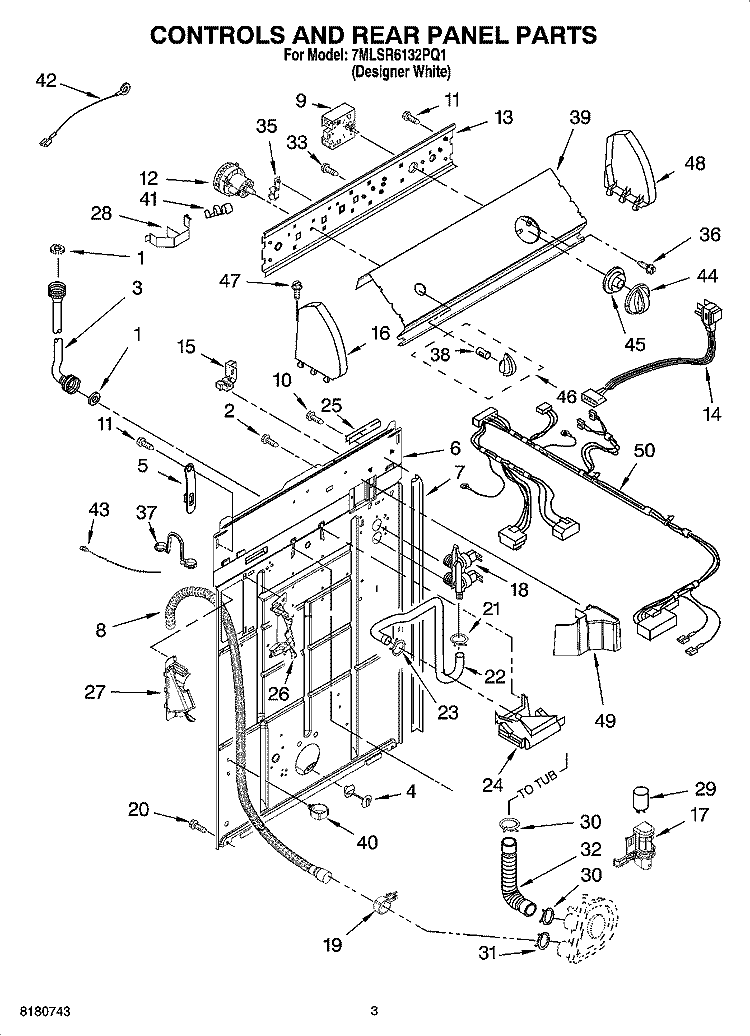 CONTROLS AND REAR PANEL PARTS Diagram and Parts List for 7MLSR6132PQ1  Whirlpool Washer