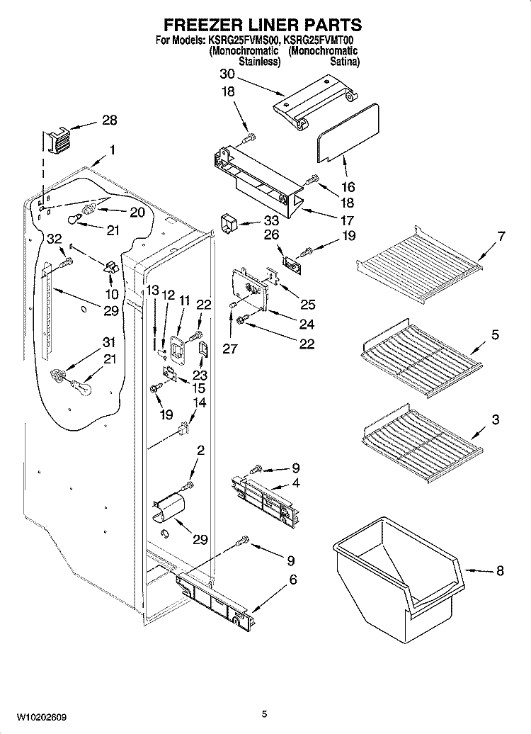 FREEZER LINER PARTS Diagram and Parts List for KSRG25FVMS00  KitchenAid Refrigerator