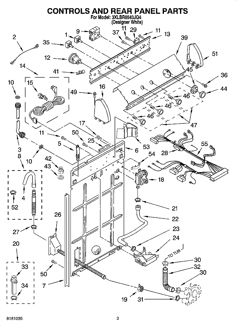 CONTROLS AND REAR PANEL PARTS Diagram and Parts List for 3XLBR8543JQ4  Whirlpool Washer