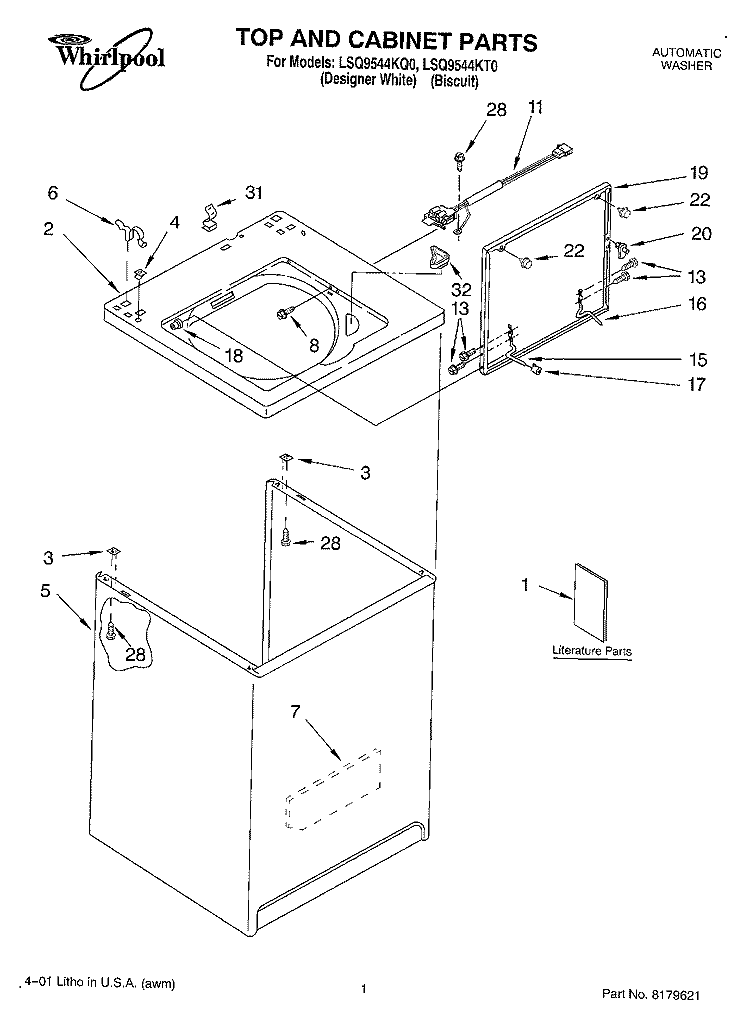 TOP AND CABINET, LITERATURE Diagram and Parts List for LSQ9544KT0  Whirlpool Washer