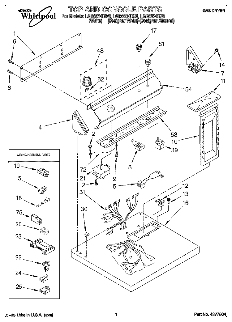 TOP AND CONSOLE, LIT/OPTIONAL Diagram and Parts List for LGR6634DZ0  Whirlpool Dryer