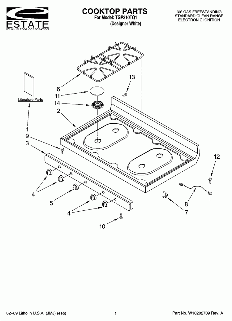COOKTOP PARTS Diagram and Parts List for TGP310TQ1  Estate Range