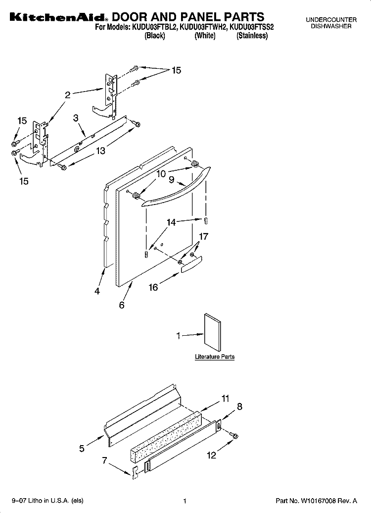 DOOR AND PANEL PARTS Diagram and Parts List for KUDU03FTBL2  KitchenAid Dishwasher