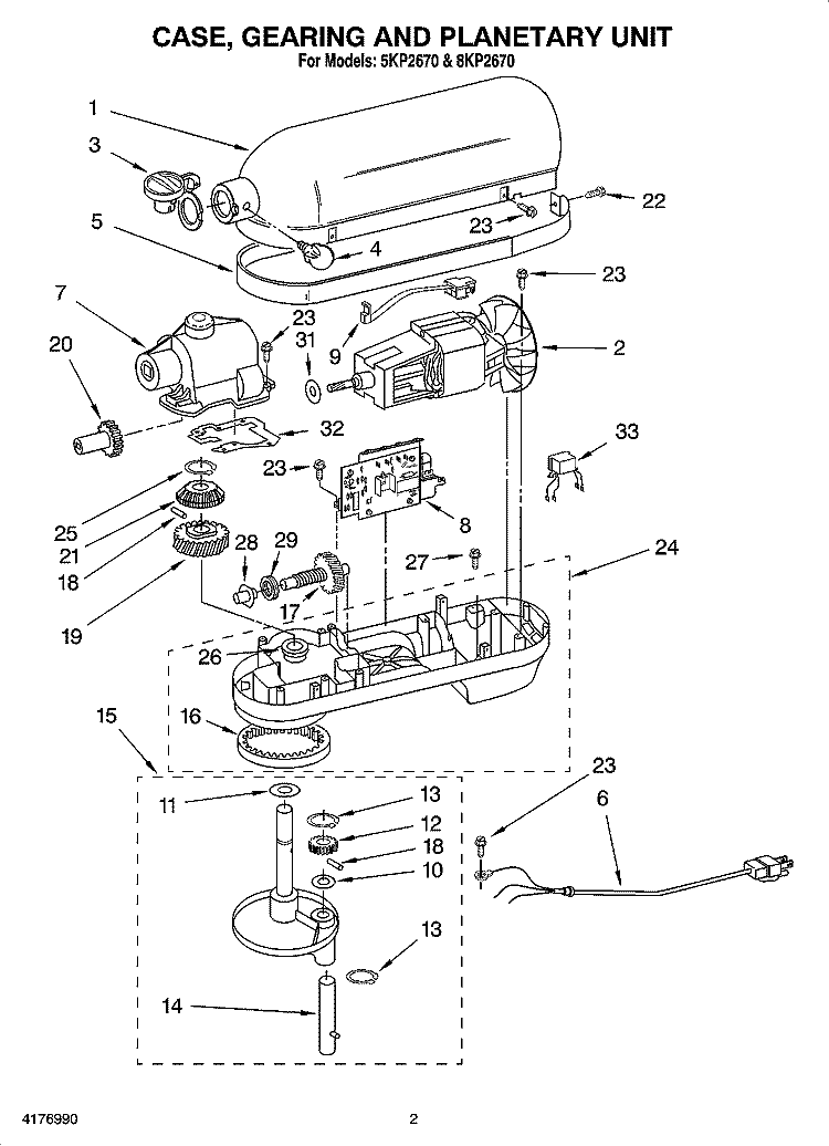 CASE, GEARING AND PLANETARY UNIT Diagram and Parts List for 5KP2670  KitchenAid Mixer