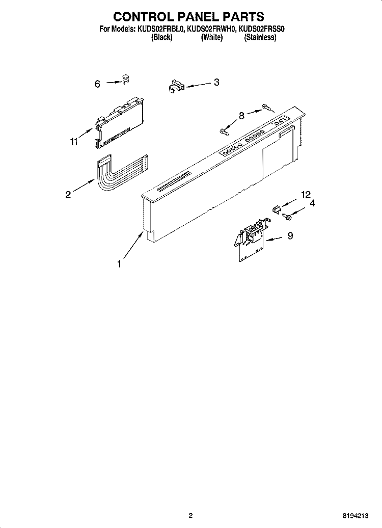CONTROL PANEL PARTS Diagram and Parts List for KUDS02FRWH0  KitchenAid Dishwasher