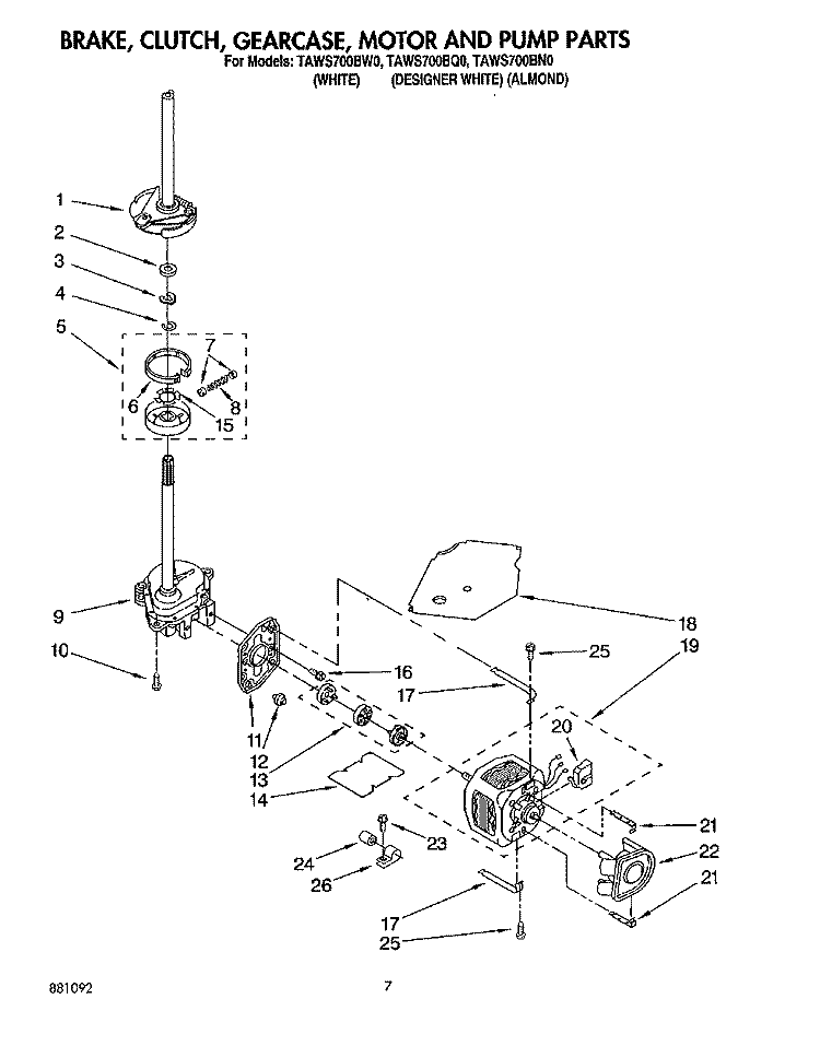 BRAKE, CLUTCH, GEARCASE, MOTOR & PUMP Diagram and Parts List for TAWS700BQ0  Estate Washer