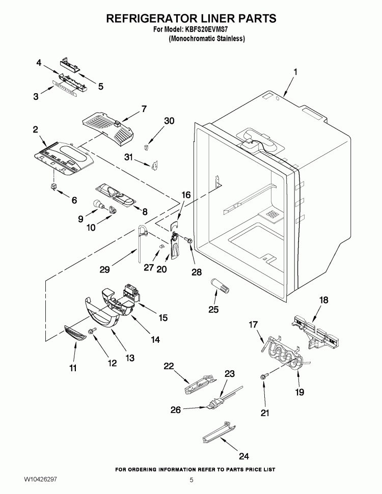 REFRIGERATOR LINER PARTS Diagram and Parts List for KBFS20EVMS7  KitchenAid Refrigerator
