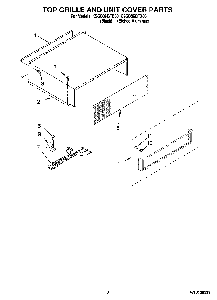 TOP GRILLE AND UNIT COVER PARTS Diagram and Parts List for KSSO36QTX00  KitchenAid Refrigerator