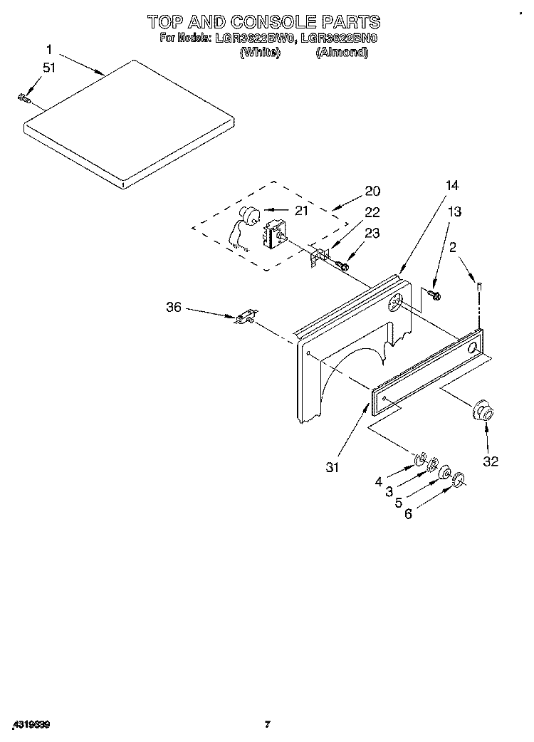 TOP AND CONSOLE Diagram and Parts List for LGR3622BN0  Whirlpool Dryer