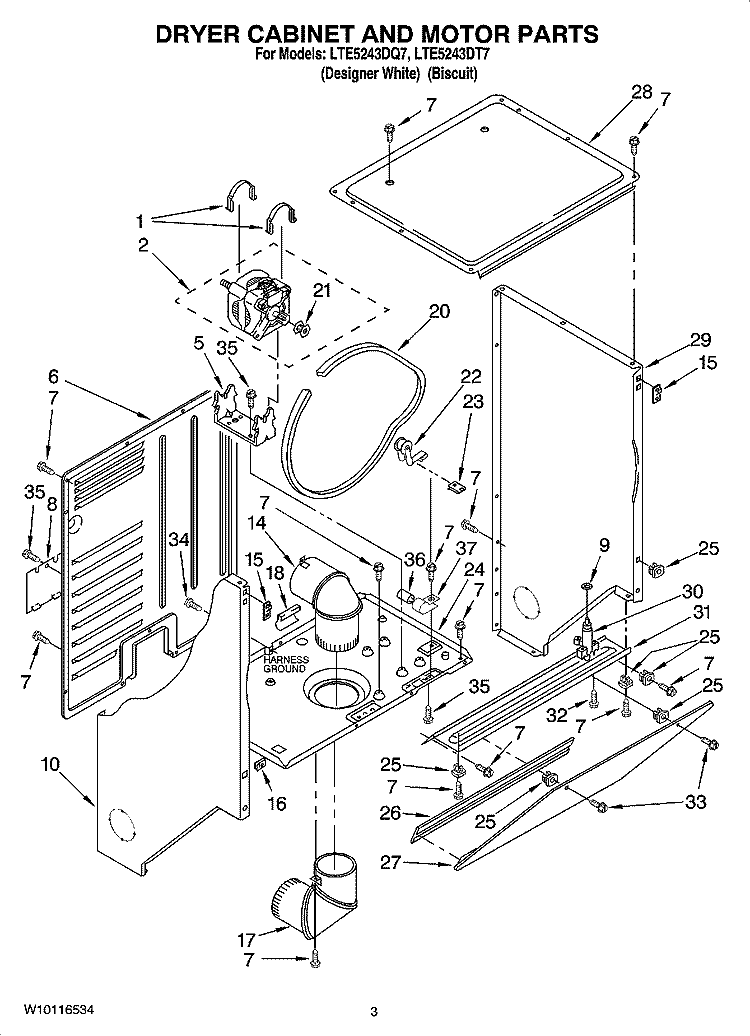DRYER CABINET AND MOTOR PARTS Diagram and Parts List for LTE5243DT7  Whirlpool Washer Dryer Combo